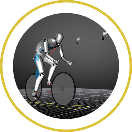 Imagen virtual de un ciclista, simulada por 3DMA Cycling de STT Systems, en el proceso de toma de datos del estudio biomecánico.